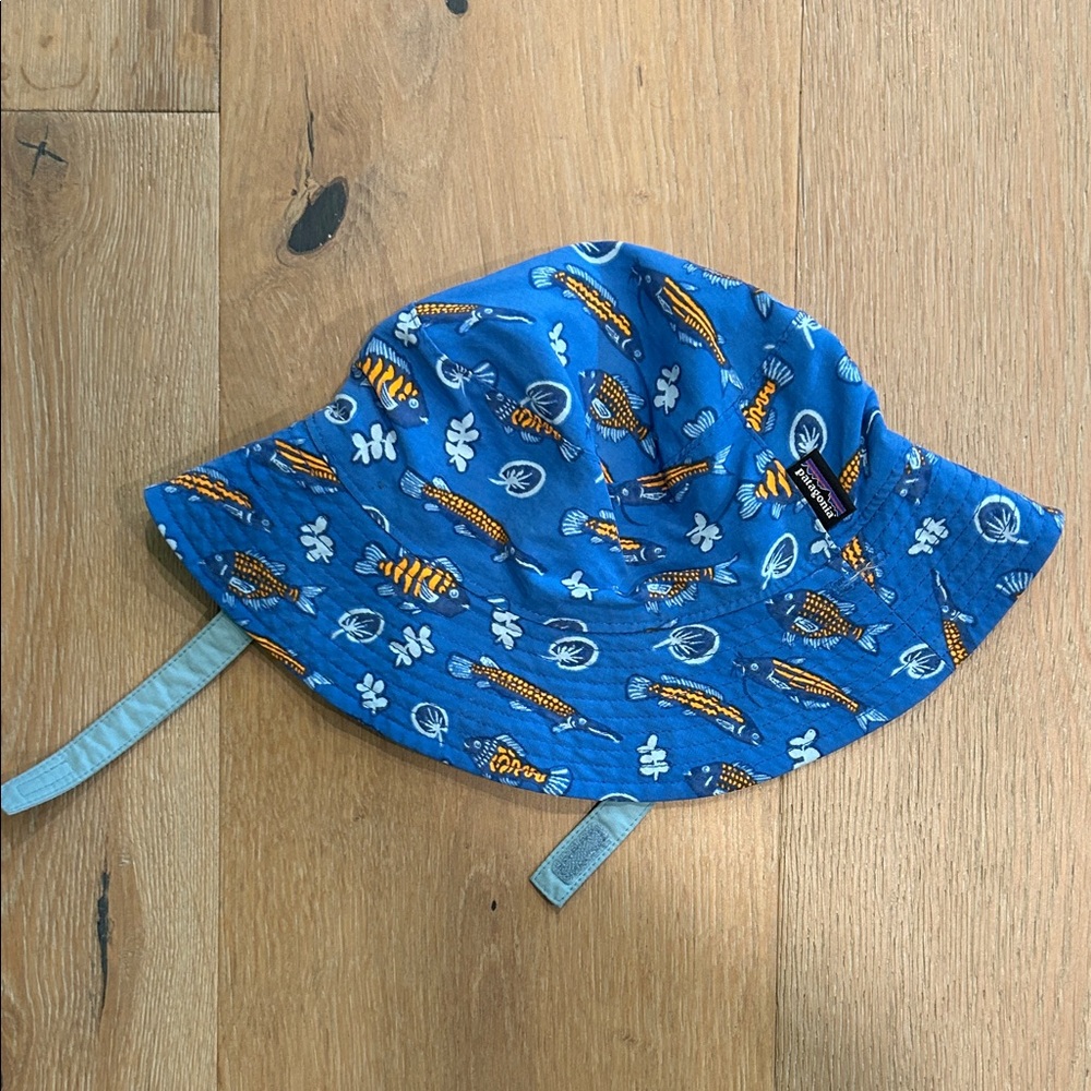 Patagonia Toddler Reversible Blue Fish-Print Sun Hat with Chin Strap